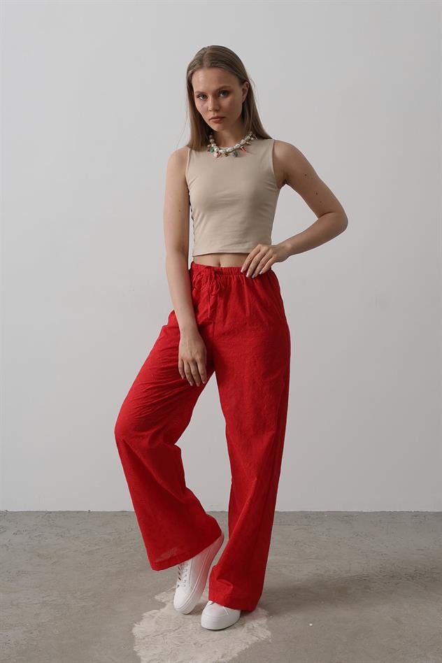 Beli Bağlamalı Brode Pantolon - Kırmızı