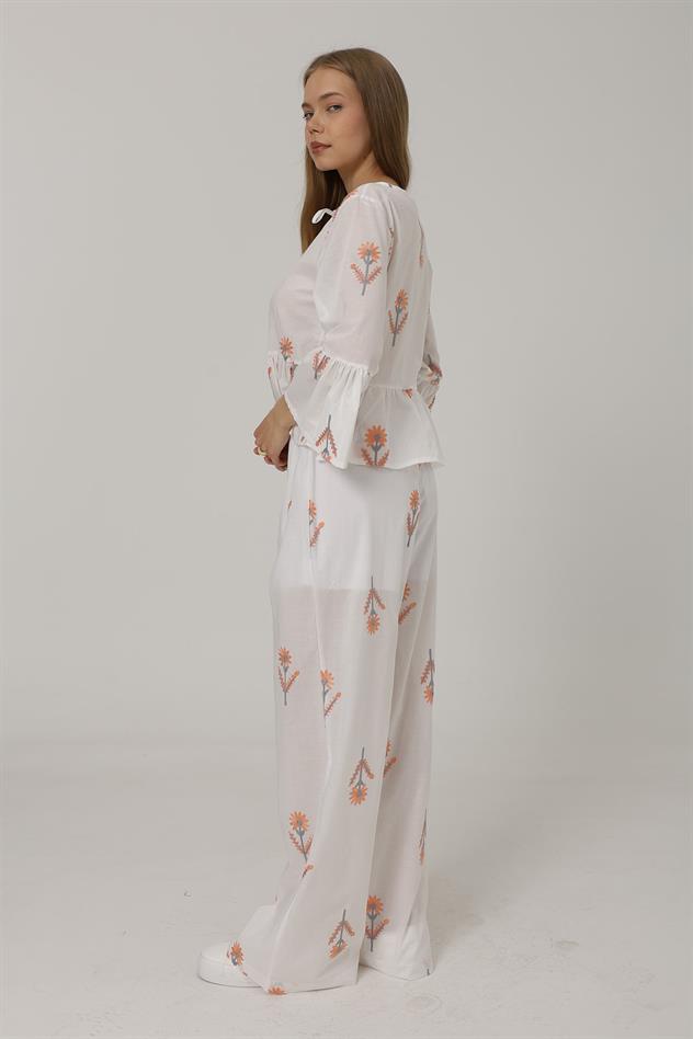 İşlemeli Oversize Pantolon - Beyaz