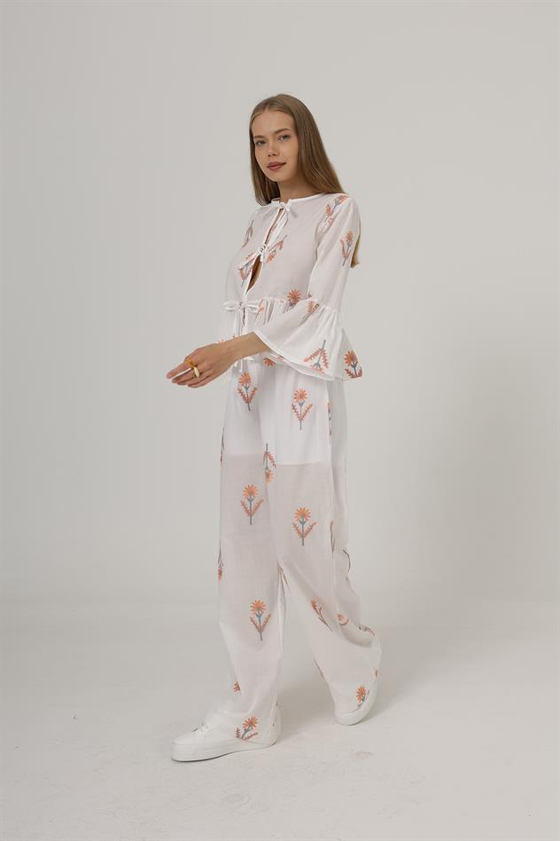 İşlemeli Oversize Pantolon - Beyaz
