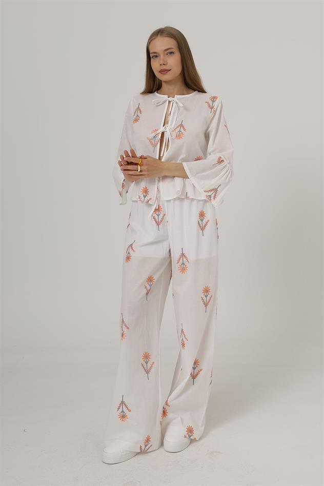 İşlemeli Oversize Pantolon - Beyaz