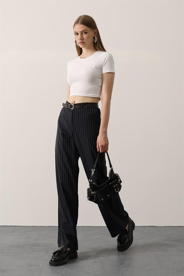 Kemerli Palazzo Pantolon - Lacivert-Beyaz