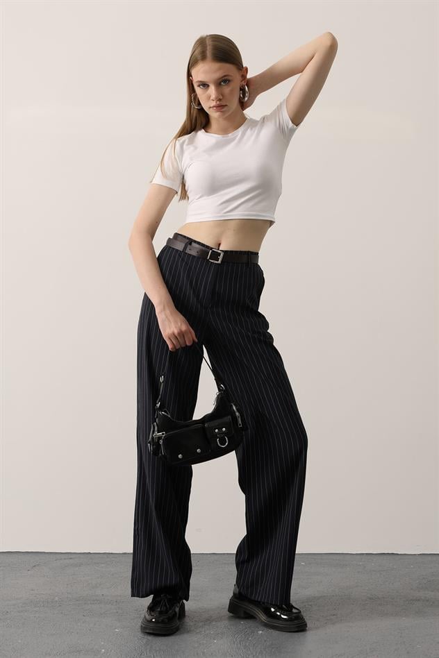 Kemerli Palazzo Pantolon - Lacivert-Beyaz