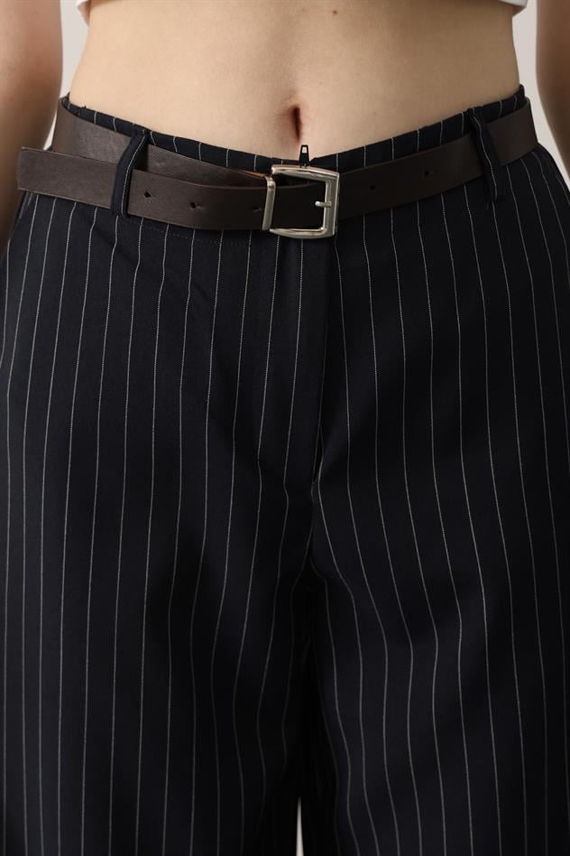 Kemerli Palazzo Pantolon - Lacivert-Beyaz