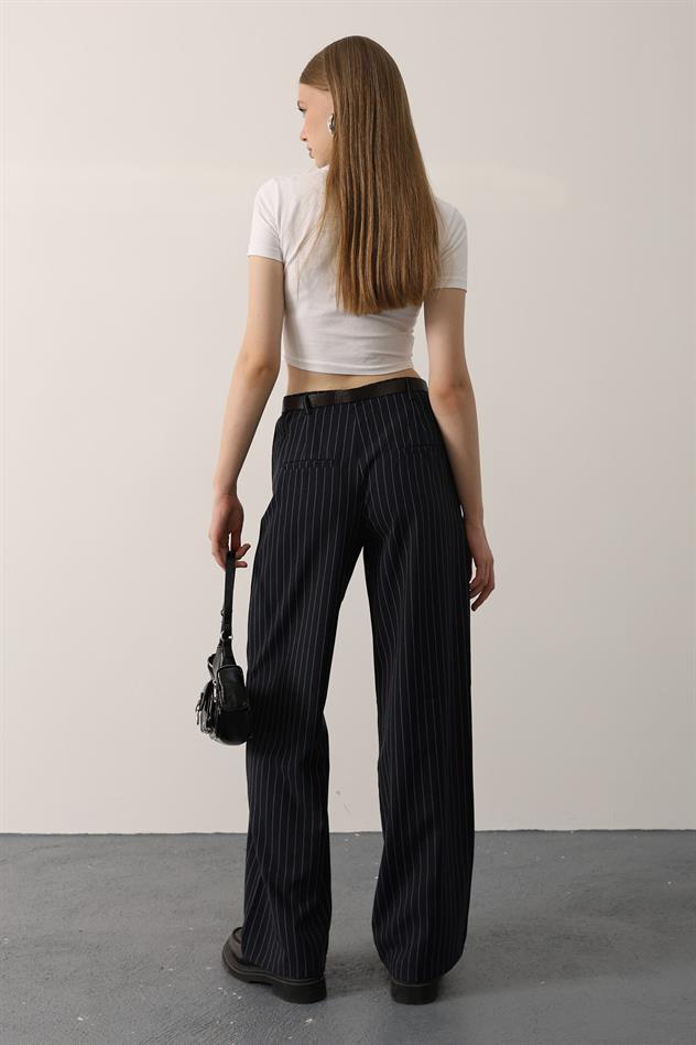 Kemerli Palazzo Pantolon - Lacivert-Beyaz