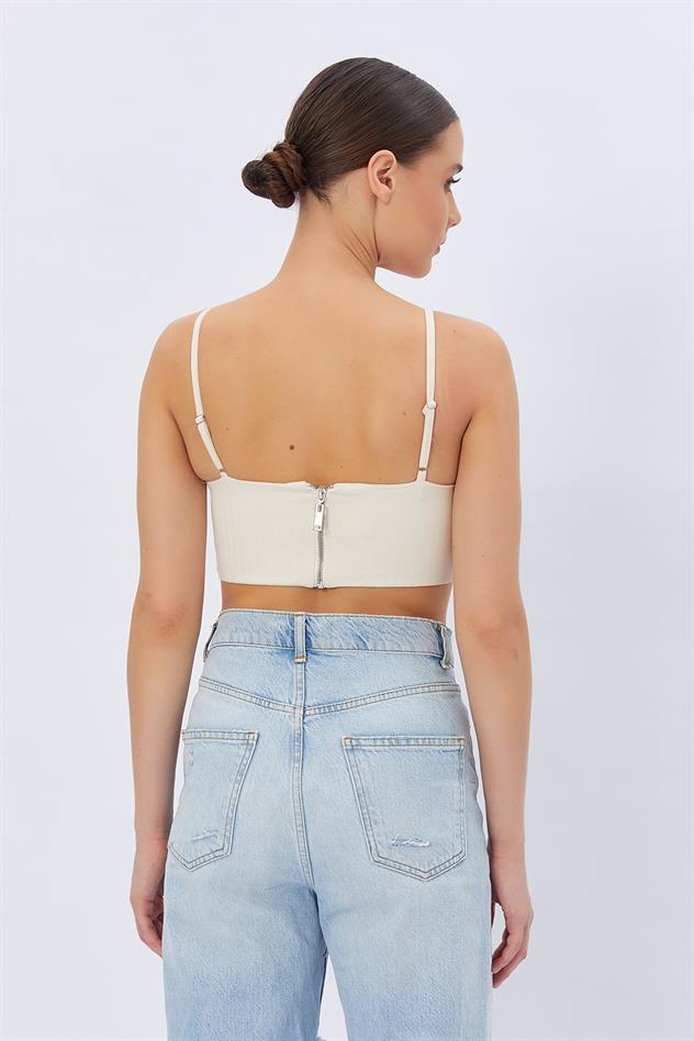 Zımbalı Askılı Bluz - Krem