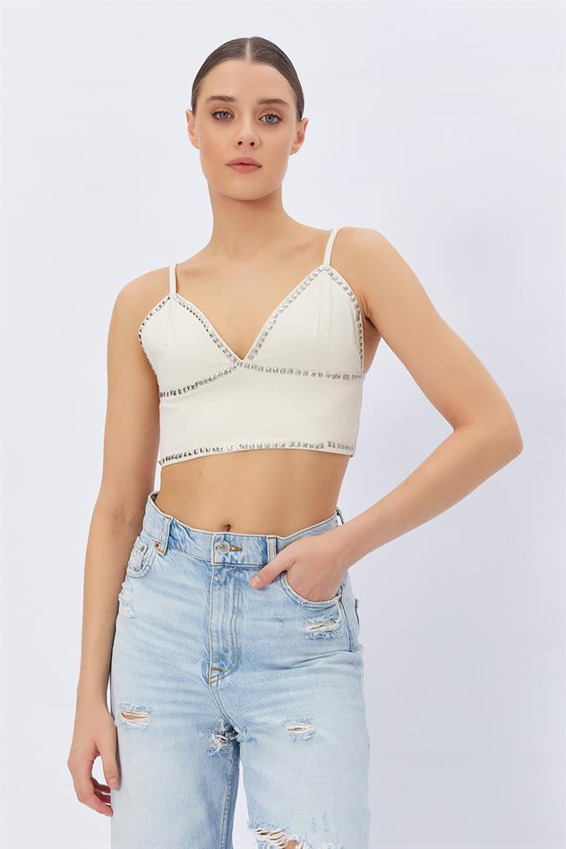 Zımbalı Askılı Bluz - Krem