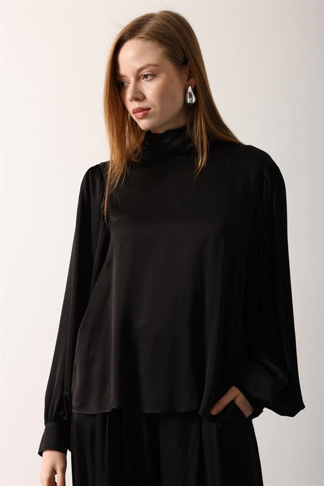 ARKADAN BAĞLAMALI SATEN BLUZ - Siyah
