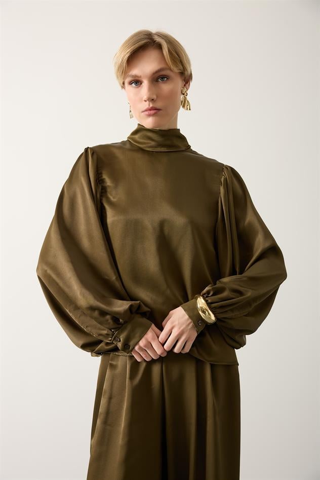 ARKADAN BAĞLAMALI SATEN BLUZ - Haki