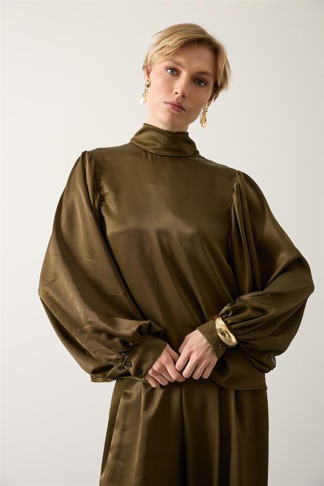 ARKADAN BAĞLAMALI SATEN BLUZ - Haki