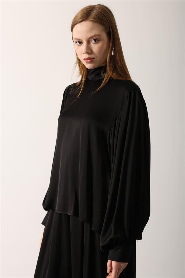 ARKADAN BAĞLAMALI SATEN BLUZ - Siyah