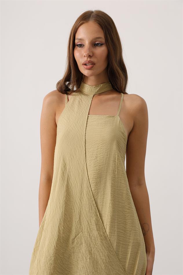 Asimetrik Bağlamalı Uzun Bohem Elbise - Yağ Yeşili