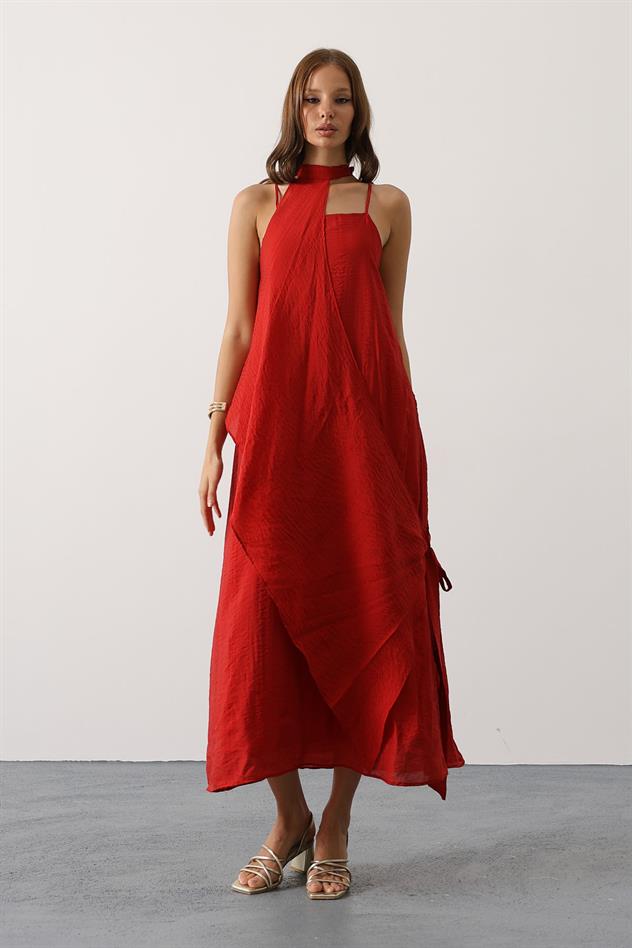 Asimetrik Bağlamalı Uzun Bohem Elbise - Kırmızı