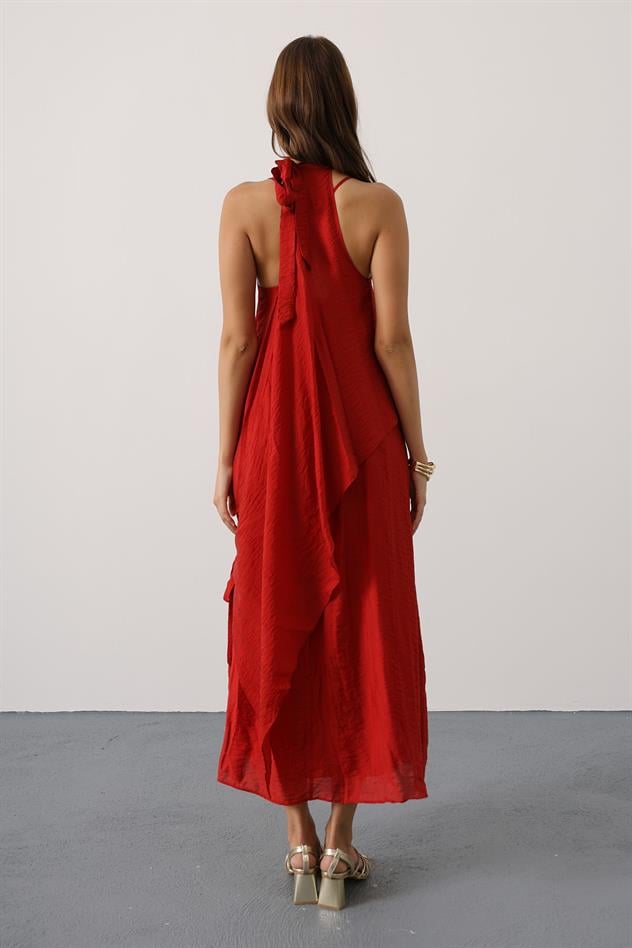 Asimetrik Bağlamalı Uzun Bohem Elbise - Kırmızı