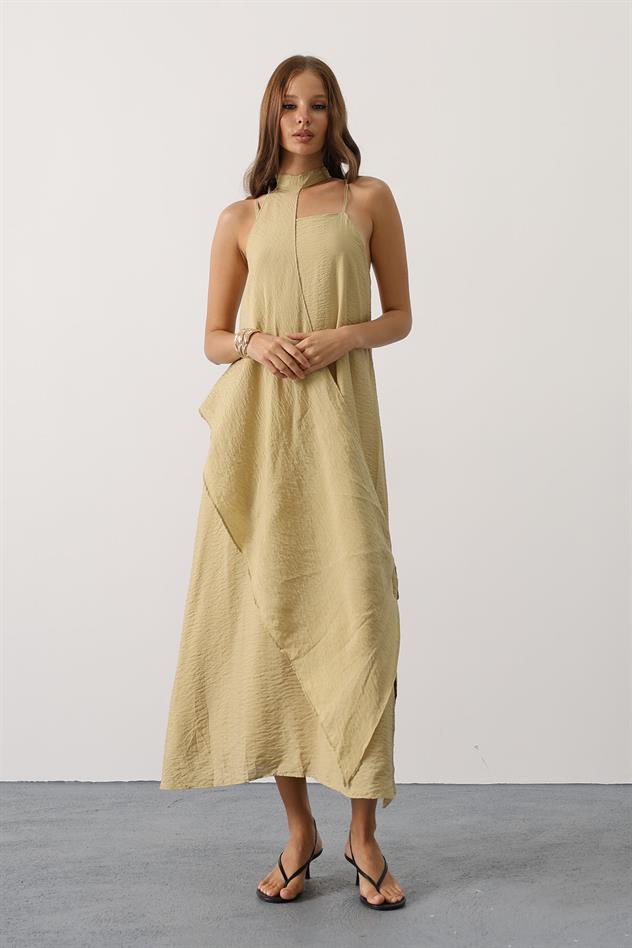 Asimetrik Bağlamalı Uzun Bohem Elbise - Yağ Yeşili