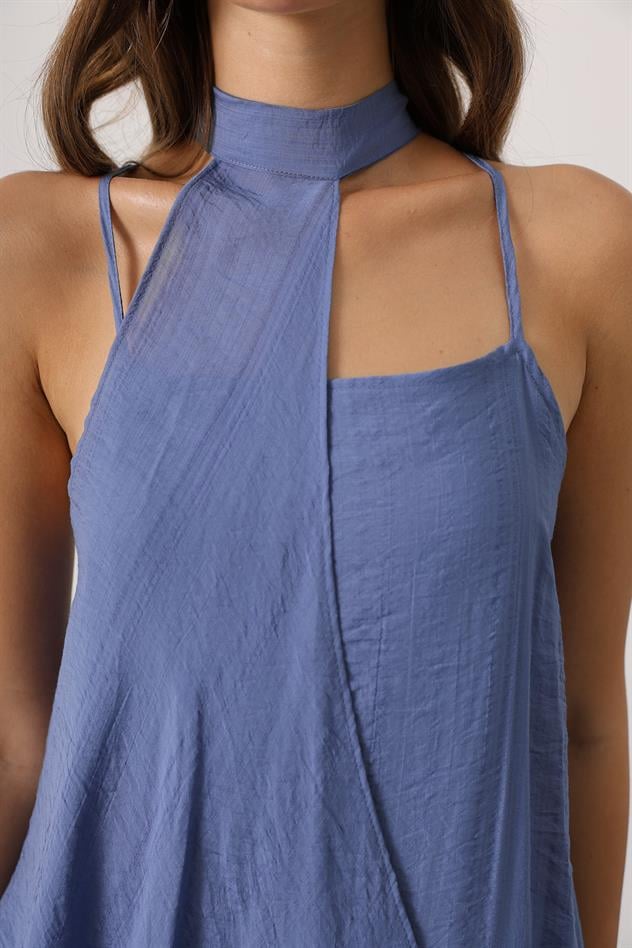 Asimetrik Bağlamalı Uzun Bohem Elbise - İndigo