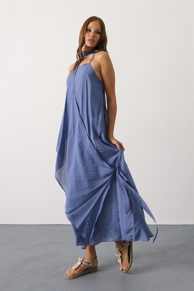 Asimetrik Bağlamalı Uzun Bohem Elbise - İndigo