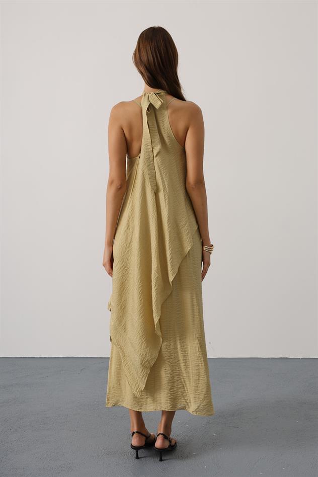 Asimetrik Bağlamalı Uzun Bohem Elbise - Yağ Yeşili