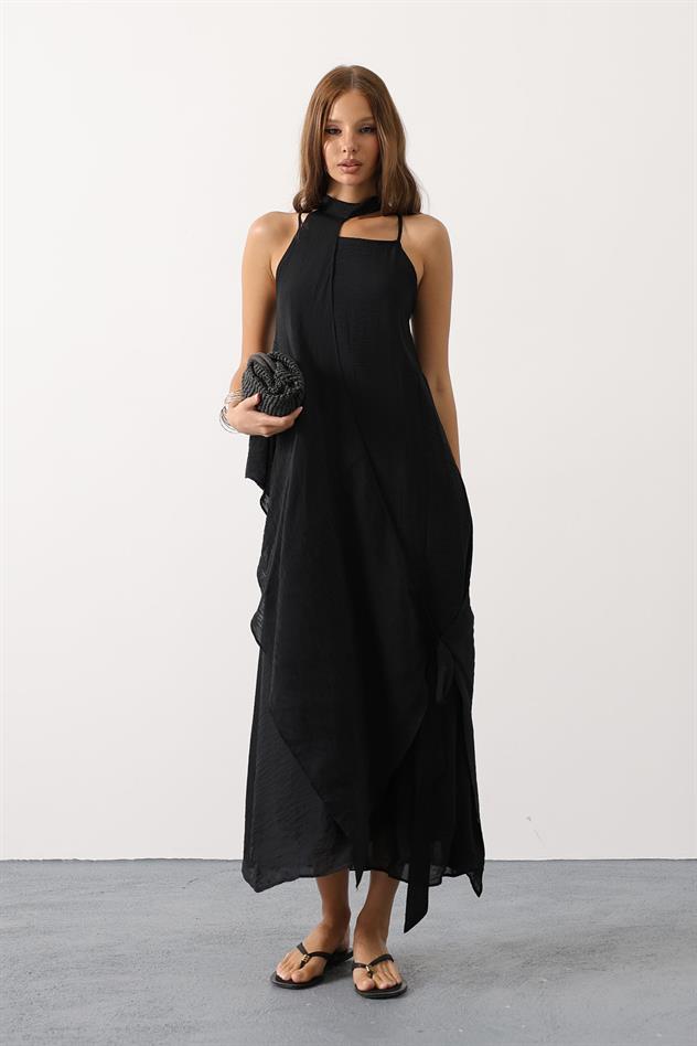 Asimetrik Bağlamalı Uzun Bohem Elbise - Siyah