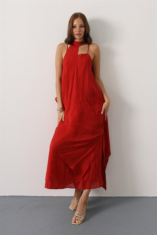 Asimetrik Bağlamalı Uzun Bohem Elbise - Kırmızı