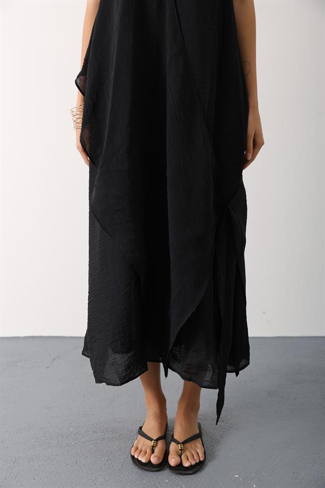 Asimetrik Bağlamalı Uzun Bohem Elbise - Siyah