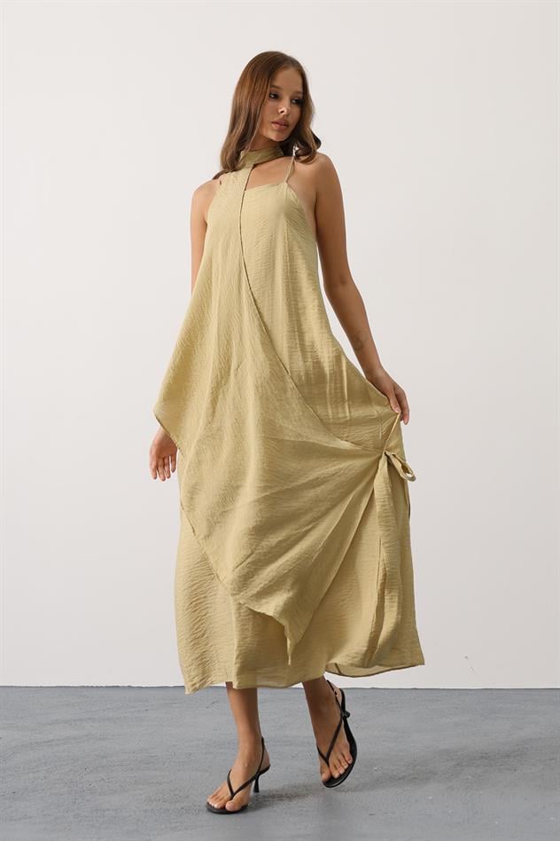 Asimetrik Bağlamalı Uzun Bohem Elbise - Yağ Yeşili