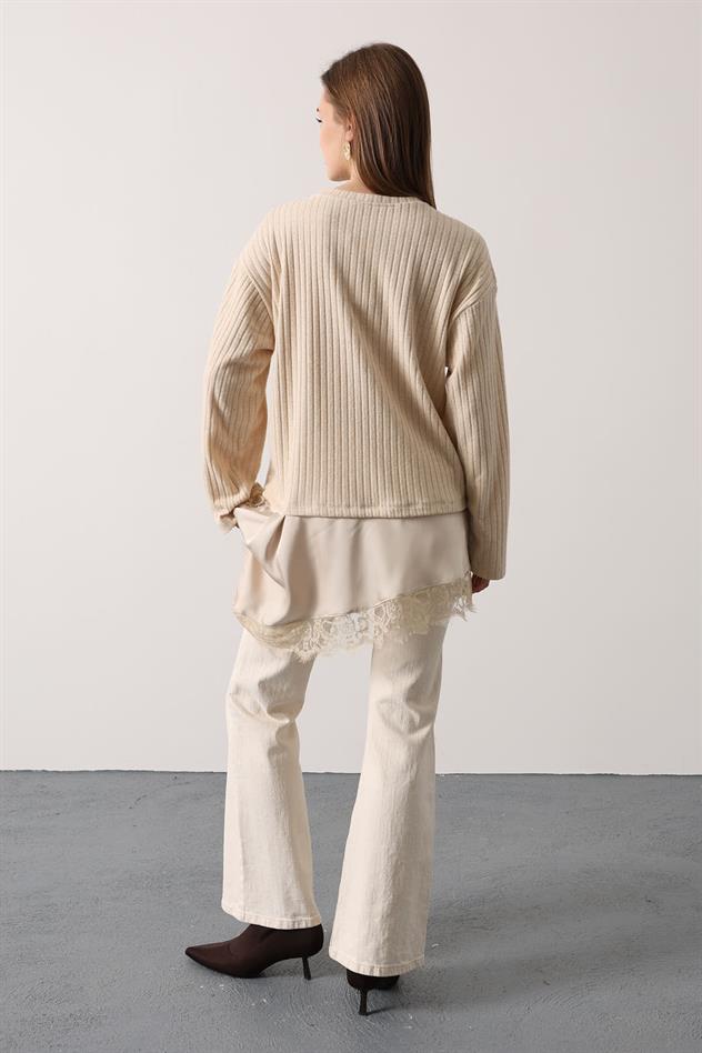 ASİMETRİK DANTELLİ BLUZ - Bej