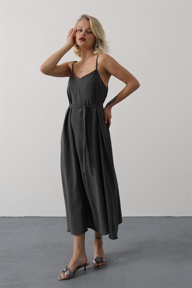 Askılı Basic Uzun Elbise - Koyu Antrasit