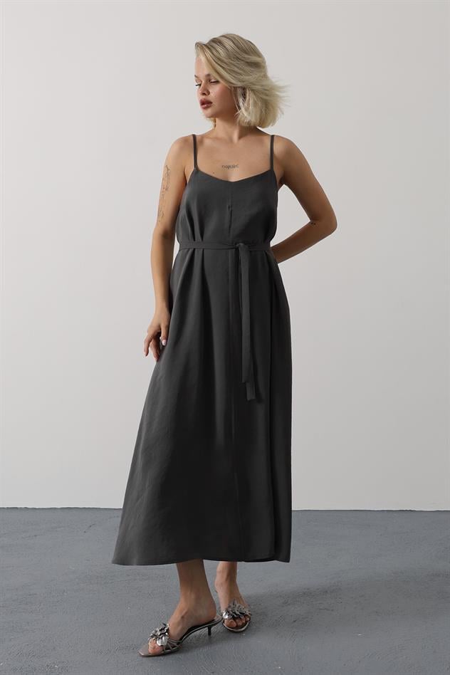 Askılı Basic Uzun Elbise - Koyu Antrasit