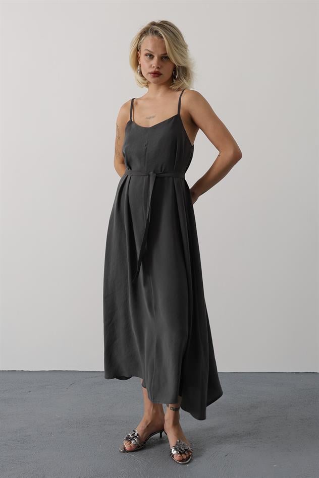 Askılı Basic Uzun Elbise - Koyu Antrasit