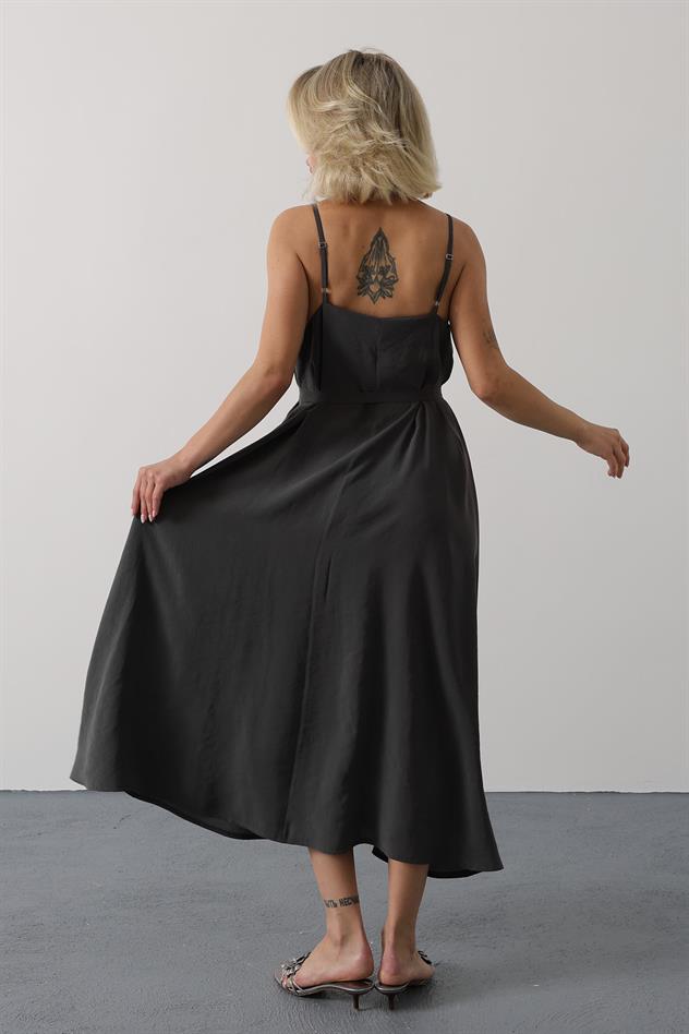 Askılı Basic Uzun Elbise - Koyu Antrasit