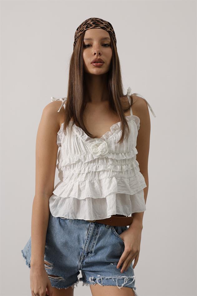 Askılı Gül Detaylı Bluz - Beyaz