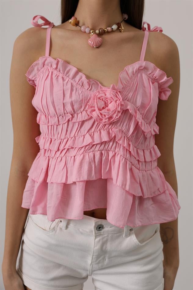 Askılı Gül Detaylı Bluz - Pembe