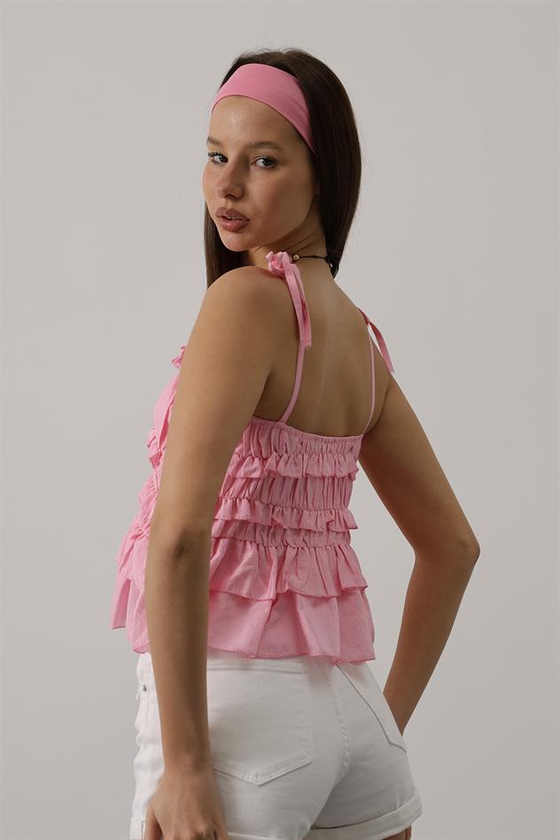 Askılı Gül Detaylı Bluz - Pembe