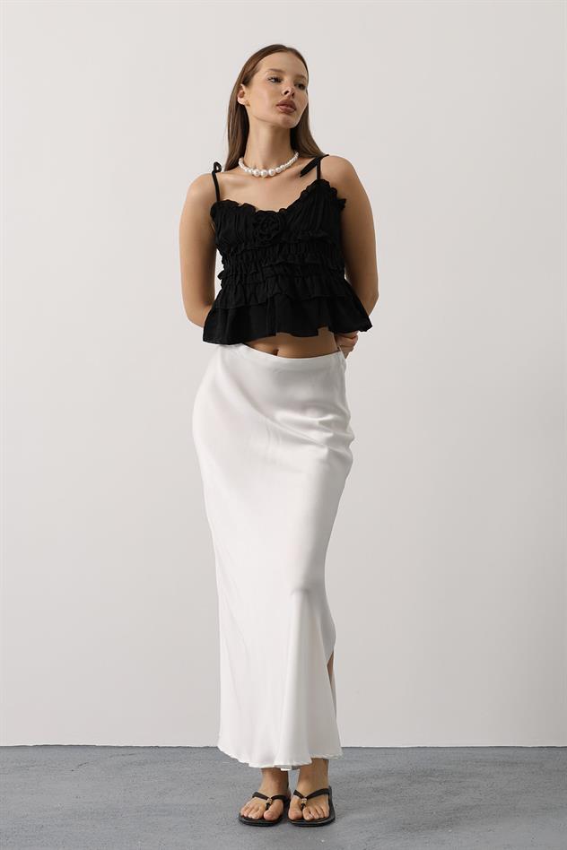 Askılı Gül Detaylı Bluz - Siyah