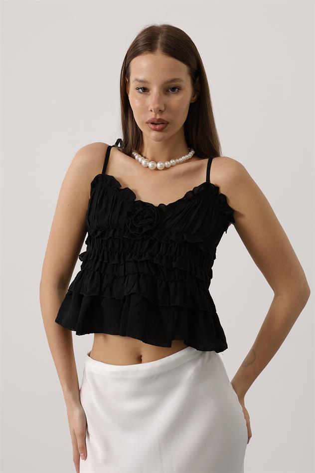 Askılı Gül Detaylı Bluz - Siyah