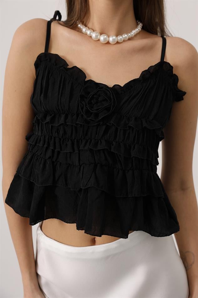 Askılı Gül Detaylı Bluz - Siyah