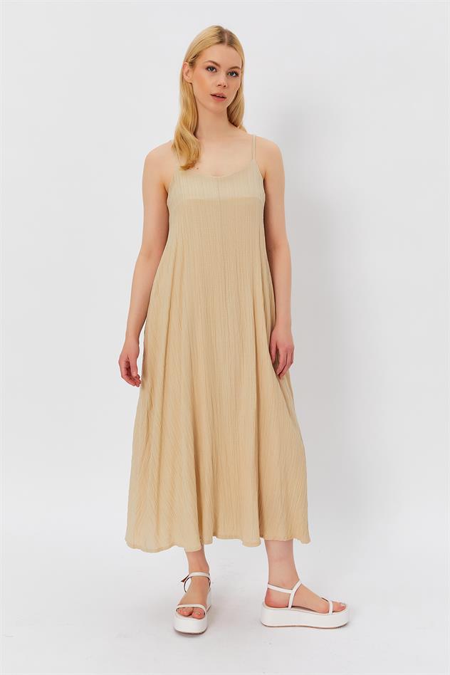 Strappy Long A-Line Linen Dress Stone