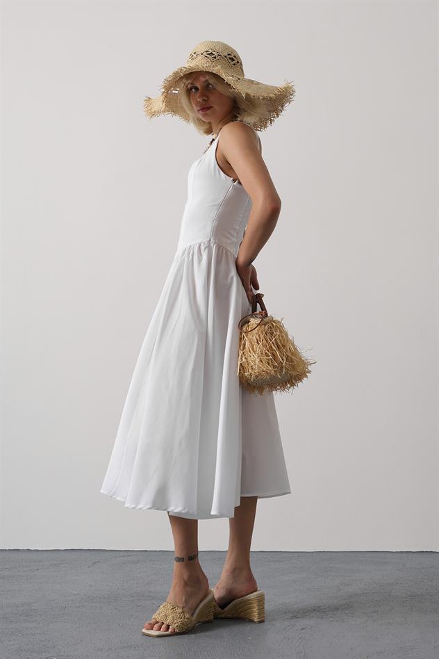 Askılı Uzun Elbise - Beyaz