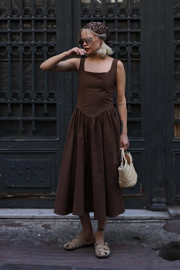 Askılı Uzun Elbise - Kahve