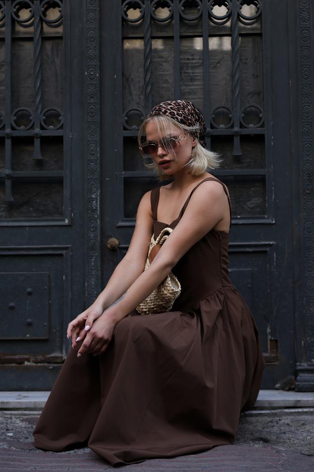 Askılı Uzun Elbise - Kahve