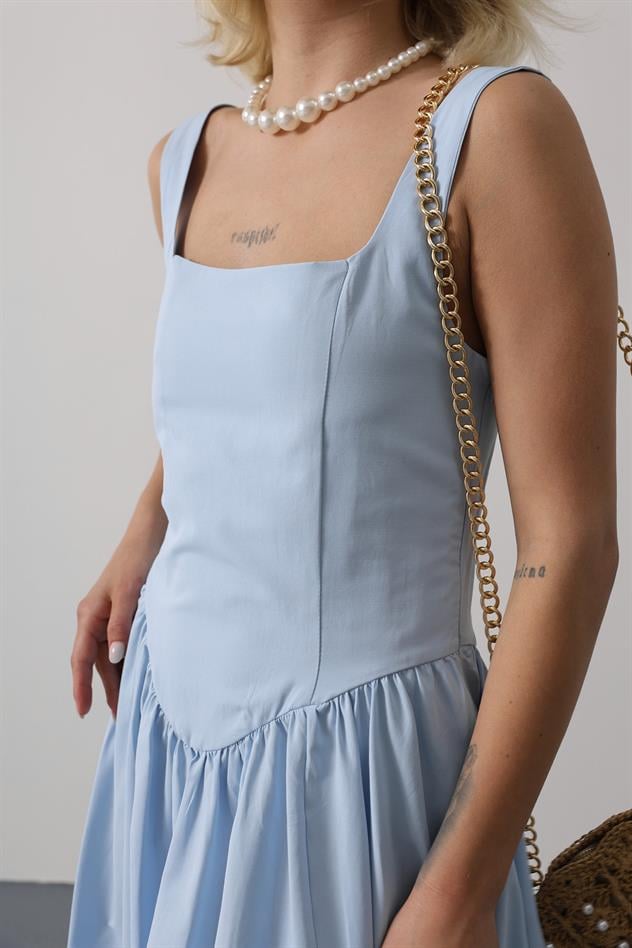 Askılı Uzun Elbise - Mavi