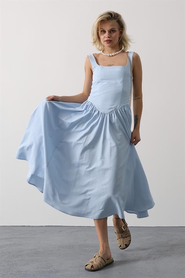 Askılı Uzun Elbise - Mavi