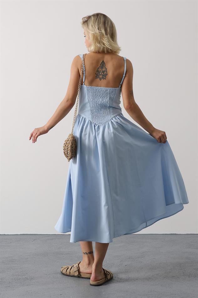 Askılı Uzun Elbise - Mavi