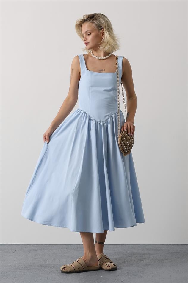 Askılı Uzun Elbise - Mavi