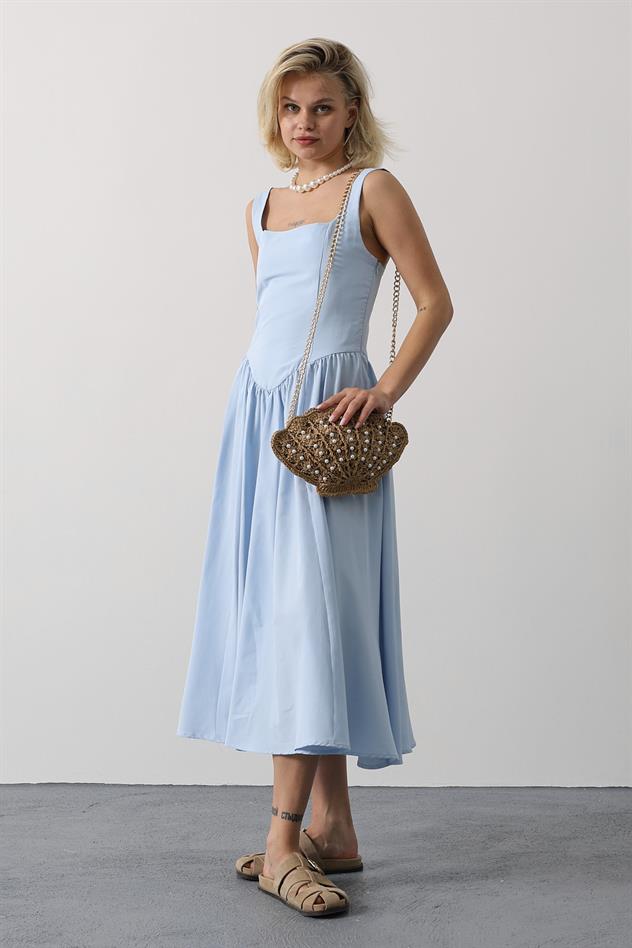 Askılı Uzun Elbise - Mavi