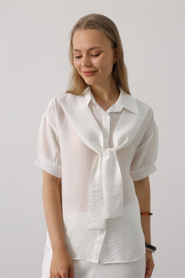 Atkı Detaylı Yarım Kol Gömlek - Beyaz