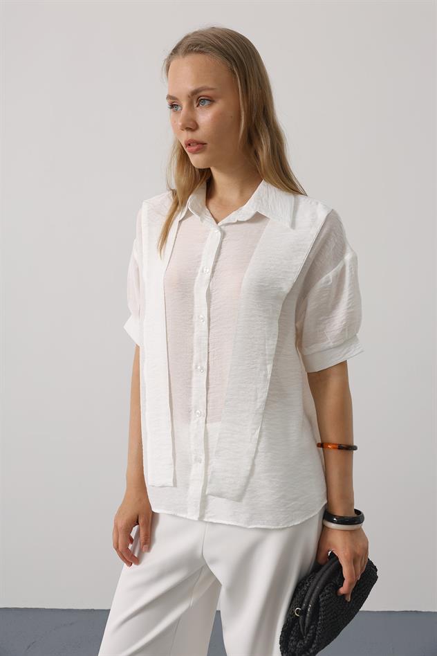 Atkı Detaylı Yarım Kol Gömlek - Beyaz