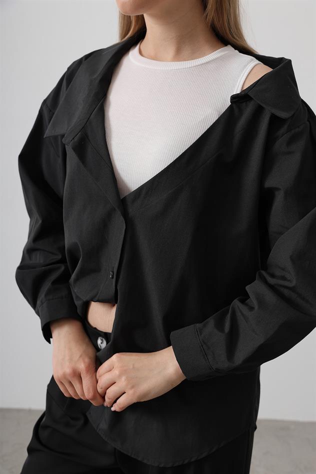 Atlet Detaylı Gömlek - Siyah