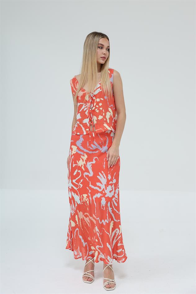 Bağcıklı Bluzlu Etek Takım - Kırmızı