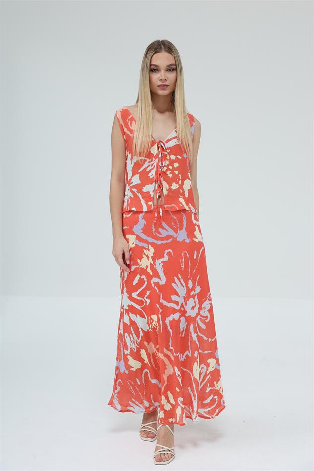 Bağcıklı Bluzlu Etek Takım - Kırmızı